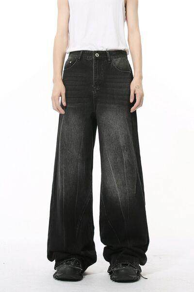 Washed Lightning Pattern Wide Leg Jeans for Stylish Comfort - Selvanelle