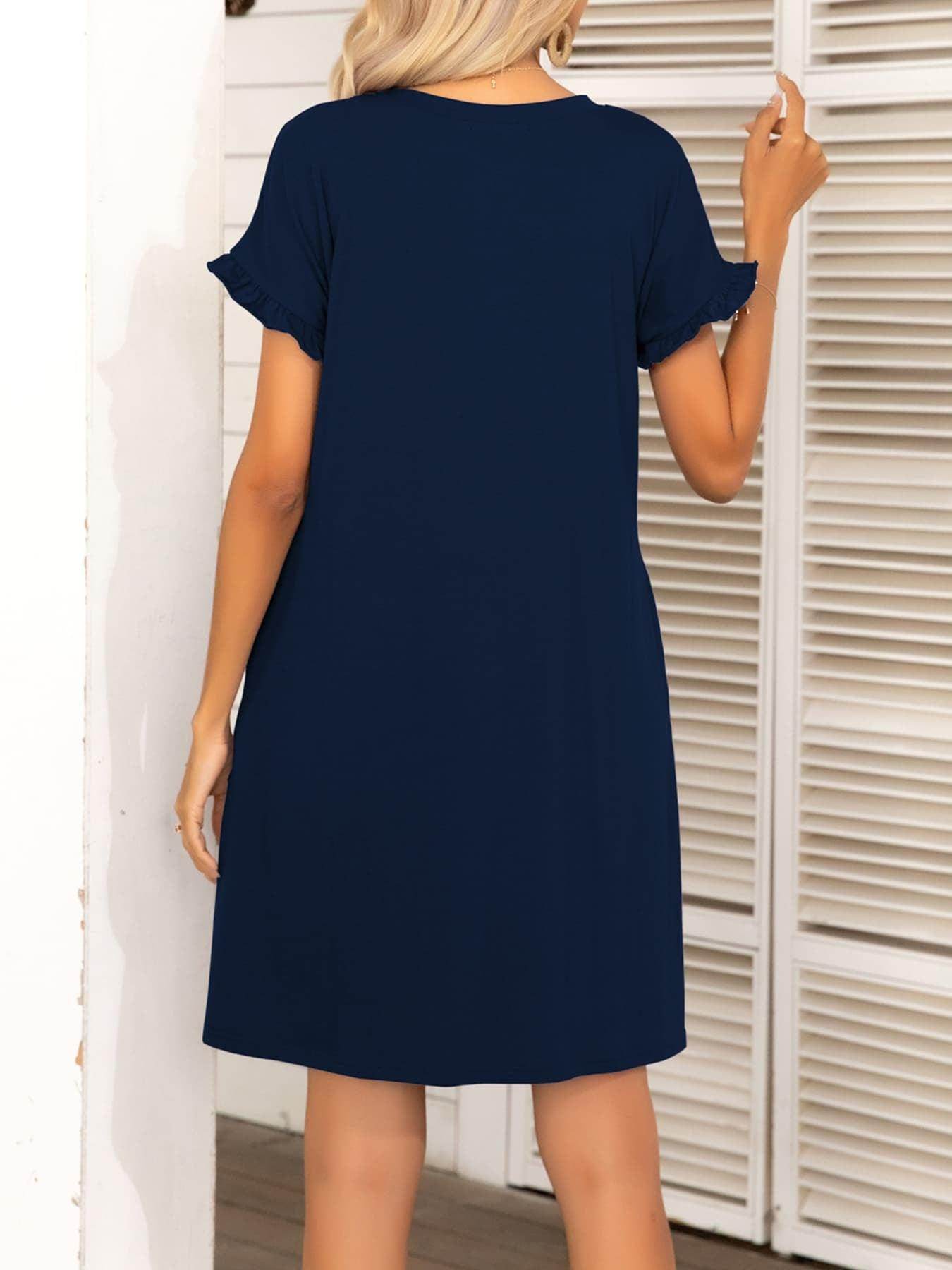 Round Neck Flounce Sleeve Dress with Pockets for Women - Selvanelle