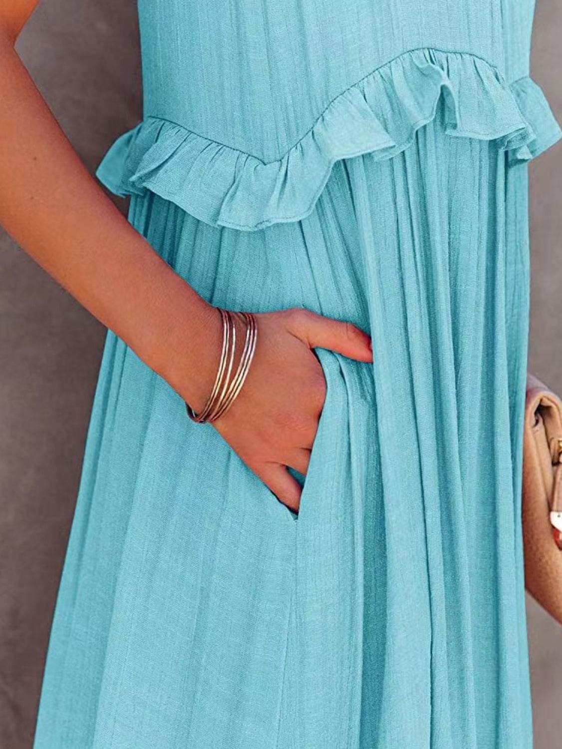 Ruffled Sleeveless Tiered Maxi Dress with Pockets - Selvanelle