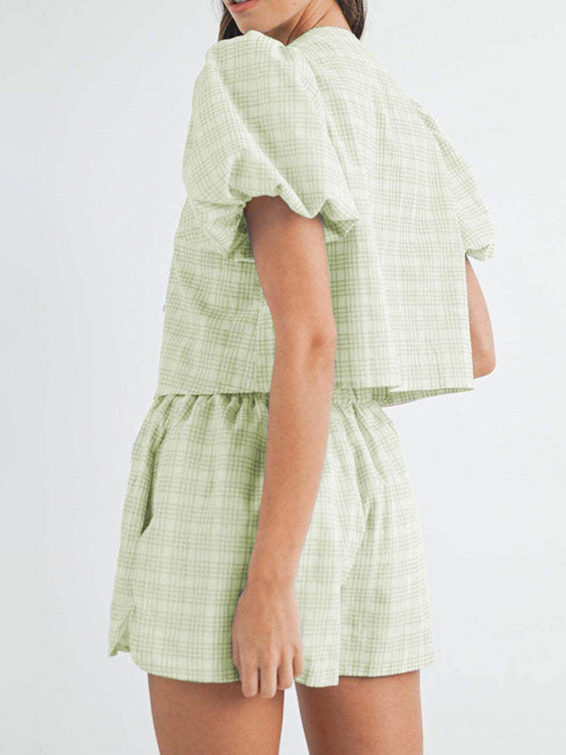 V-Neck Puff Sleeve Top and Shorts Set for Women Fashion - Selvanelle