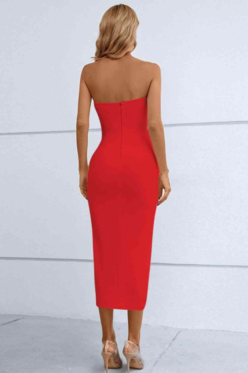 Cutout Strapless Drawstring Detail Split Bandage Dress - Selvanelle