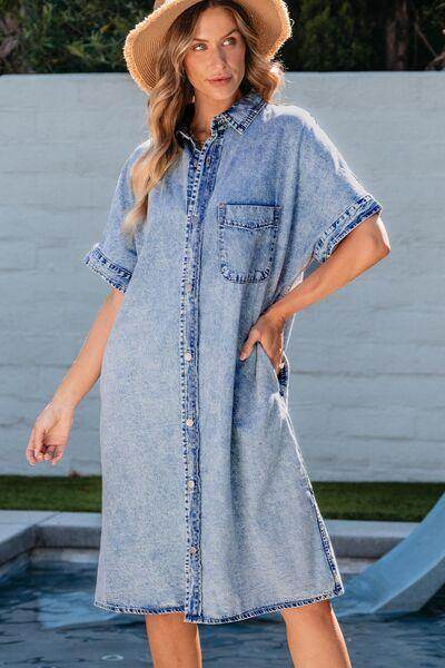 Pocketed Button Up Half Sleeve Denim Dress for Women - Selvanelle