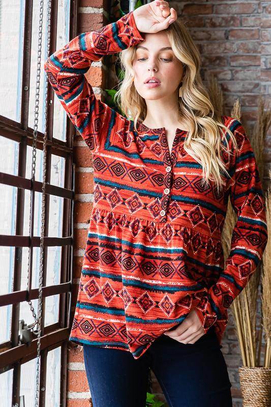 Heimish Full Size Geometric Button Detail Long Sleeve Top - Selvanelle