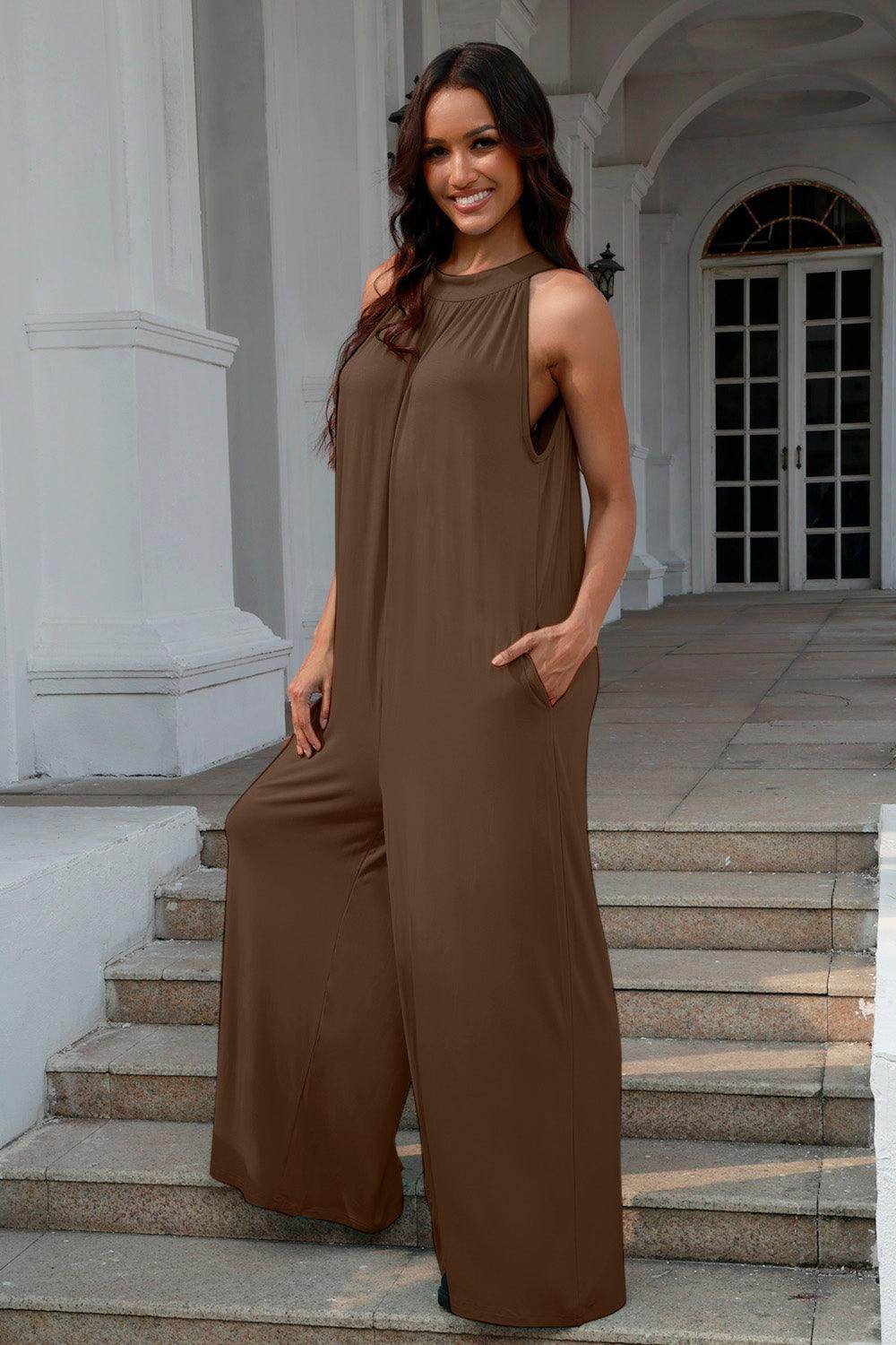 Double Take Full Size Tie Back Cutout Sleeveless Jumpsuit - Selvanelle