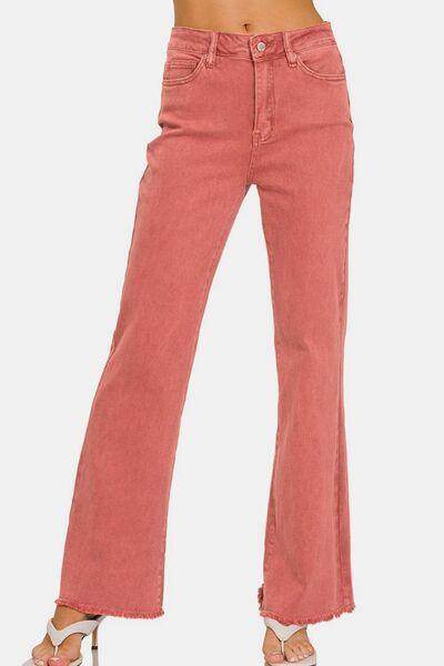 Zenana Acid Washed Frayed Hem Bootcut Jeans for Women - Selvanelle