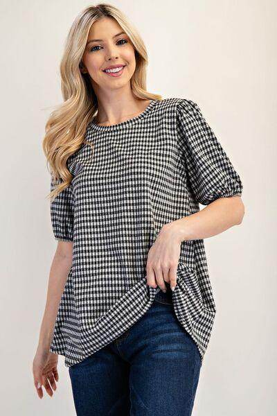 Celeste Full Size Gingham Print Top With Puff Sleeves Plus Size - Selvanelle