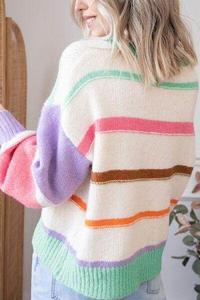 Contrast Striped Round Neck Drop Shoulder Sweater for Women - Selvanelle