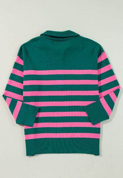 Contrast Striped Quarter Zip Long Sleeve Sweater for Women - Selvanelle