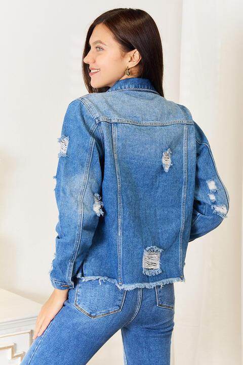 Baeful Leopard Floral Distressed Raw Hem Denim Jacket Women - Selvanelle