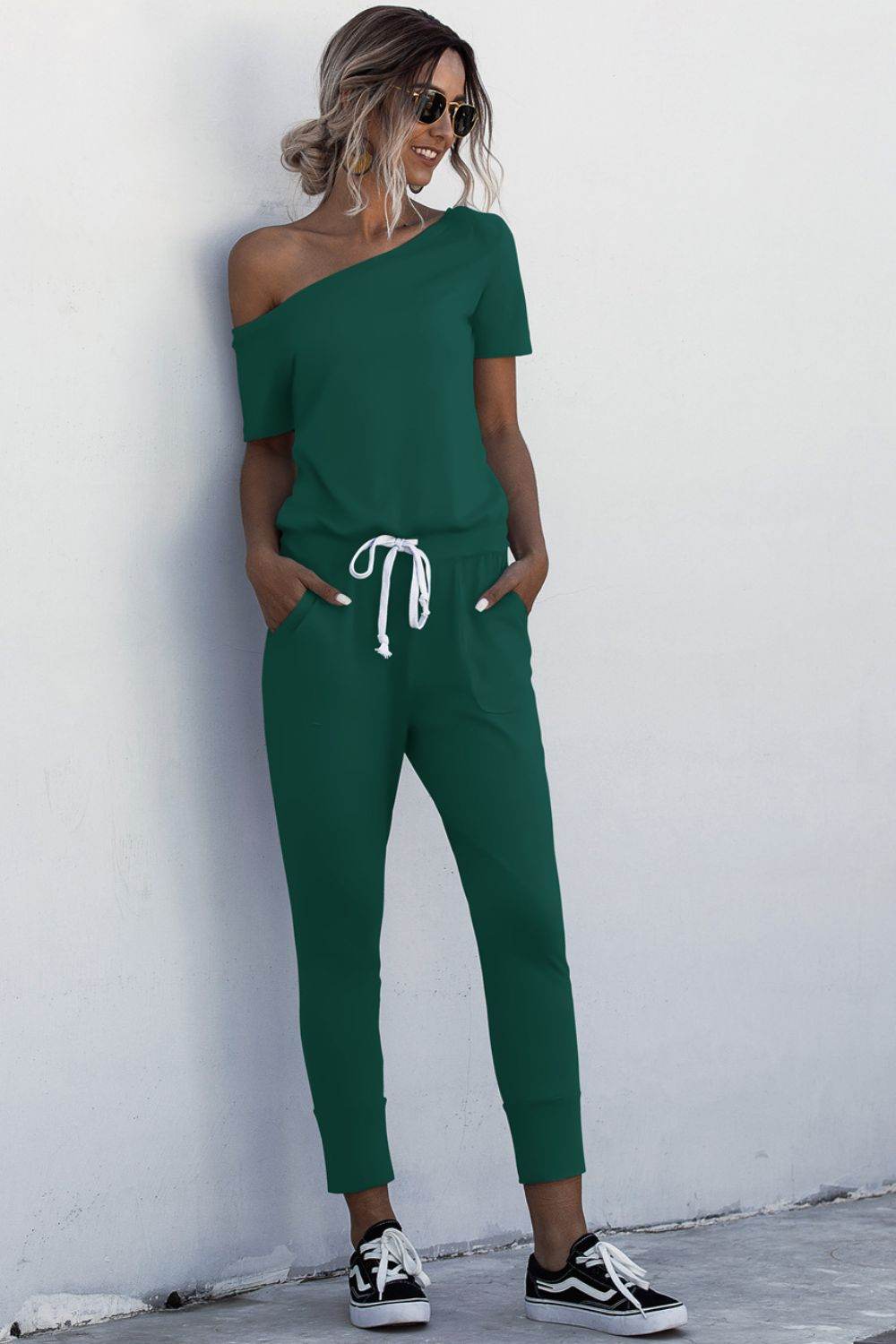 Asymmetrical Neck Tied Jumpsuit with Pockets - Selvanelle