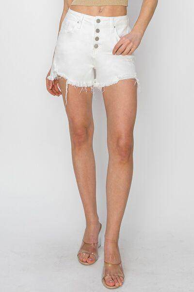 RISEN Button Fly Frayed Hem Denim Shorts for Women - Selvanelle
