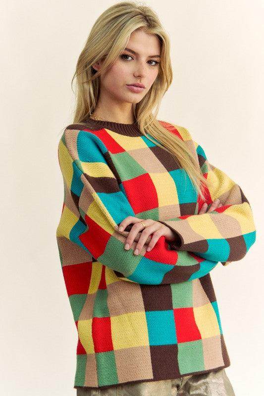 Davi & Dani Color Block Checkered Dropped Shoulder Sweater - Selvanelle