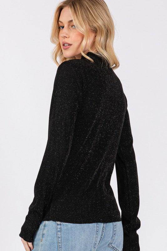 SAGE + FIG Glitter Mock Neck Lettuce Hem Long Sleeve Top - Selvanelle
