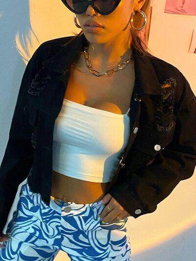 Distressed Collared Neck Long Sleeve Denim Top for Women - Selvanelle