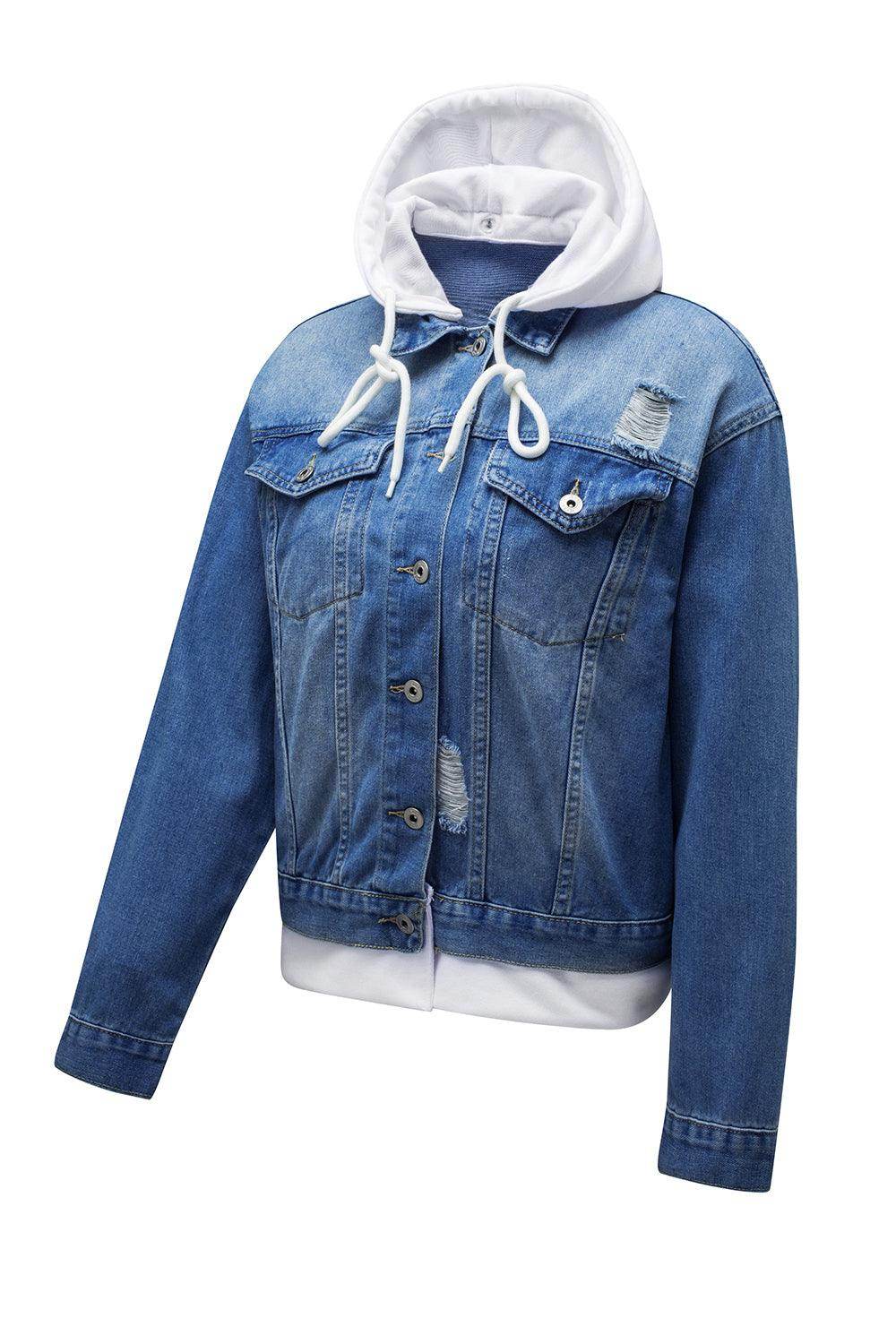 Distressed Hooded Denim Jacket for Trendy Casual Style - Selvanelle