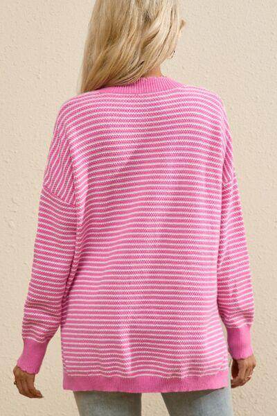 Striped V-Neck Dropped Shoulder Sweater for Women - Selvanelle