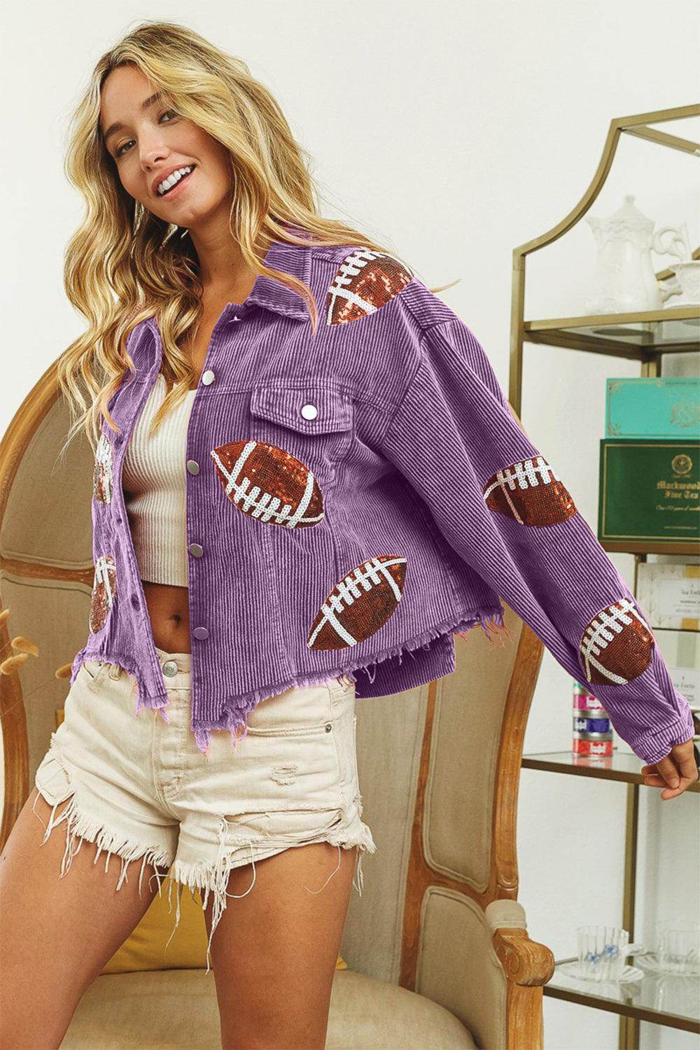 BiBi Football Sequin Embroidery Washed Corduroy Jacket for Trendy Style - Selvanelle