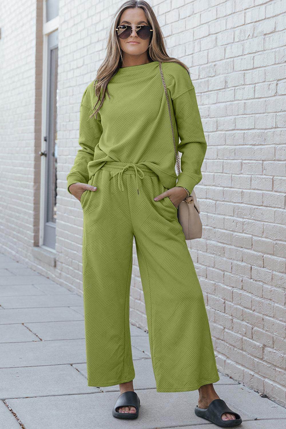 Double Take Full Size Textured Long Sleeve Top and Drawstring Pants Set for Women - Selvanelle