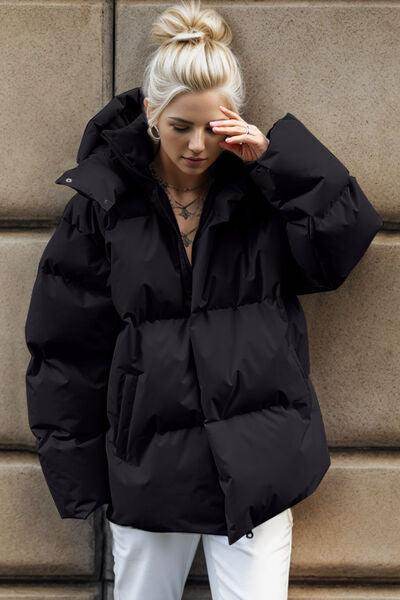 Pocketed Zip Up Hooded Puffer Jacket for Winter Comfort - Selvanelle