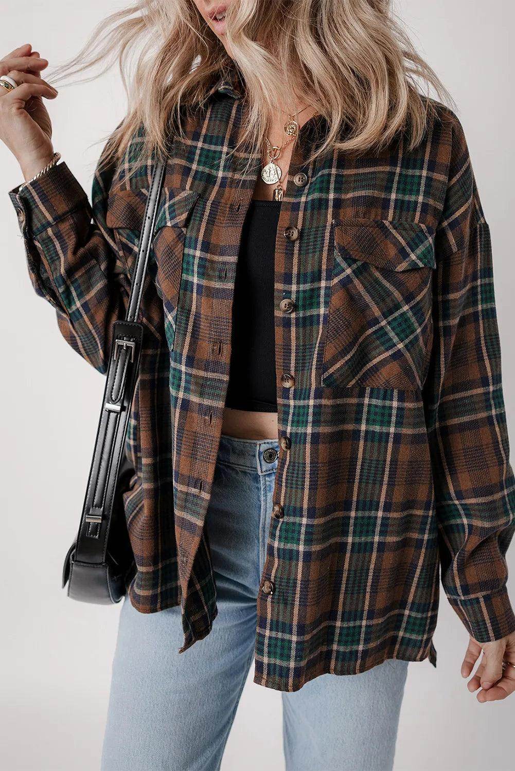 Plaid Button Up Long Sleeve Jacket for Women Stylish Fit - Selvanelle