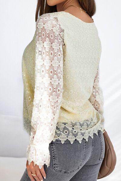 Lace Detail V-Neck Long Sleeve Blouse for Women Fashion - Selvanelle