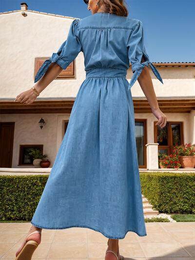 Plunge Button Up Half Sleeve Denim Dress for Women - Selvanelle