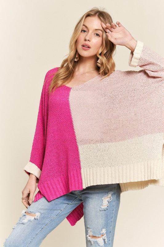 ADORA Side Slit Color Block Long Sleeve Sweater for Women - Selvanelle