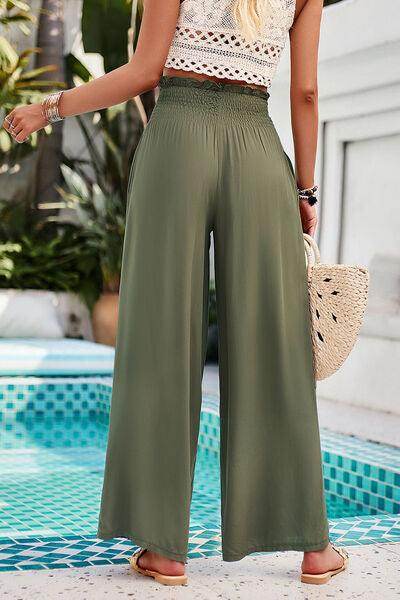 Devine Smocked Wide Leg Pants with Pockets for Women - Selvanelle