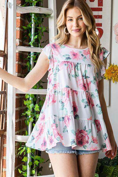 Heimish Full Size Butterfly Short Sleeve Floral Tiered Top - Selvanelle