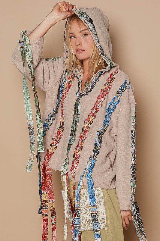 POL Contrast Thread Peace Back Hooded Sweater for Women - Selvanelle