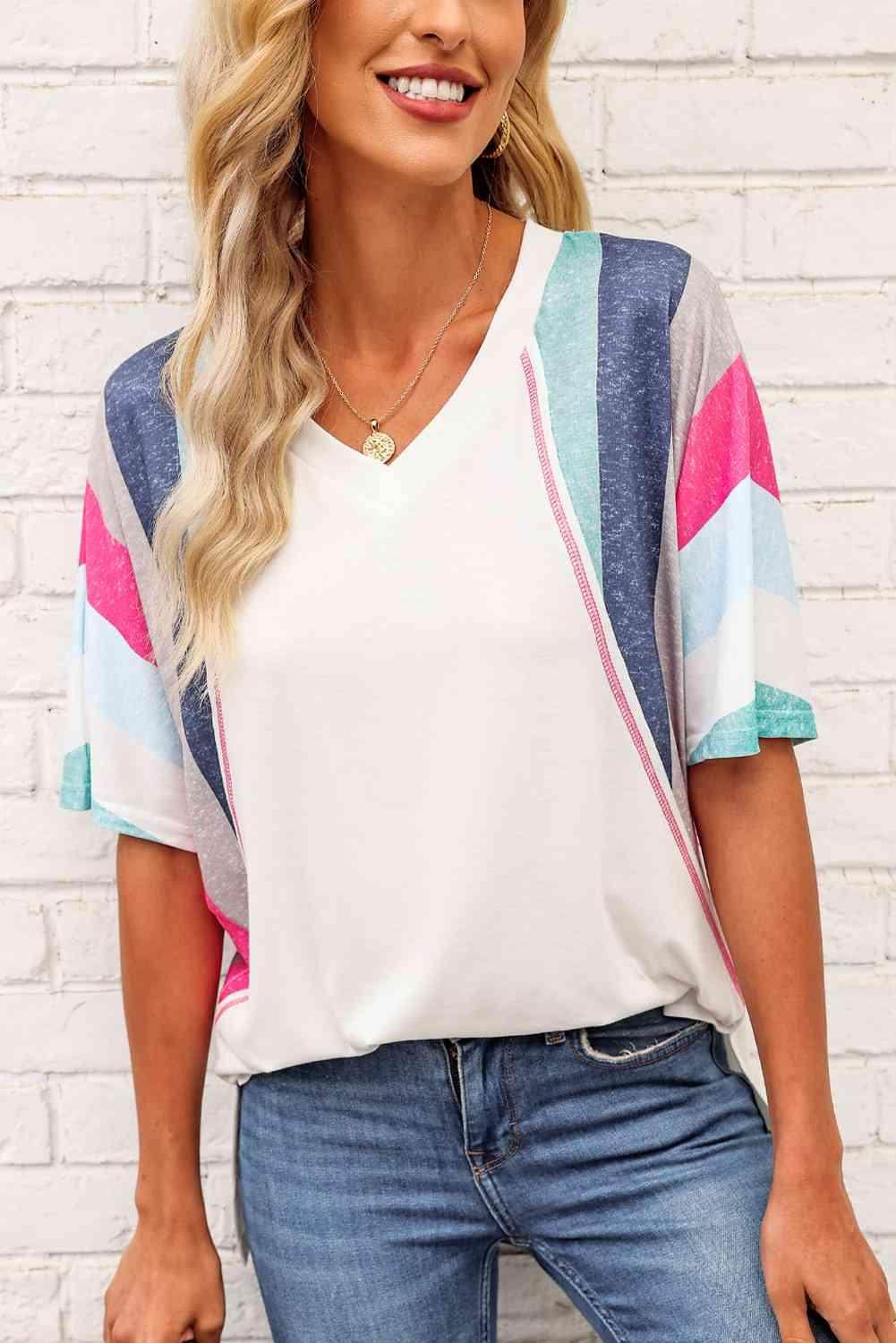 Rainbow Stripe Slit V-Neck T-Shirt for Women Casual Wear - Selvanelle