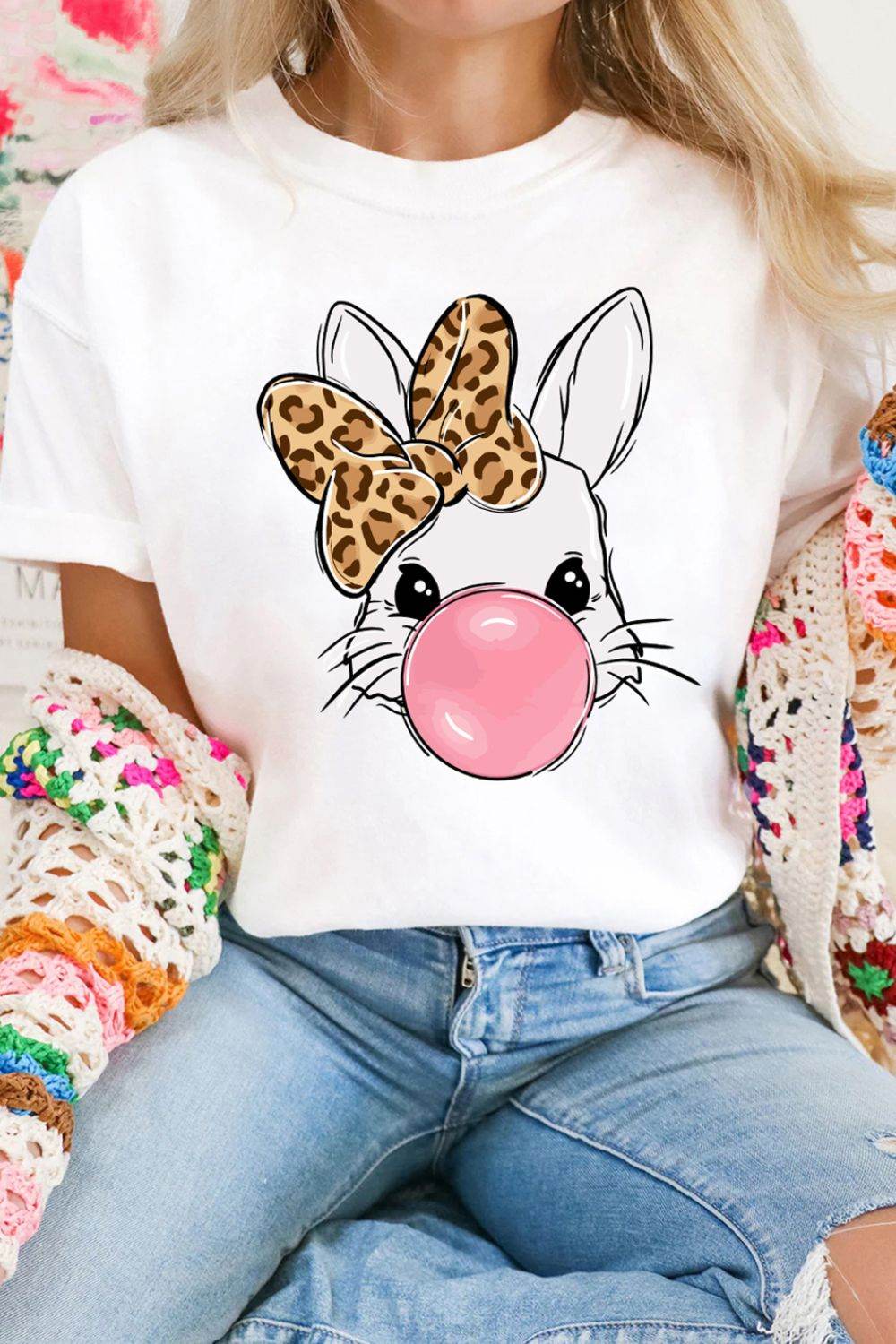 Leopard Bow Rabbit Graphic Round Neck Short Sleeve T-Shirt - Selvanelle