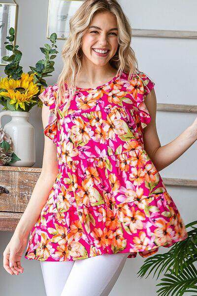 Heimish Full Size Butterfly Sleeve Floral Tiered Top Plus Size - Selvanelle