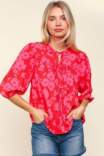 Haptics Full Size Ribbon Bow Floral Balloon Sleeve Blouse - Selvanelle
