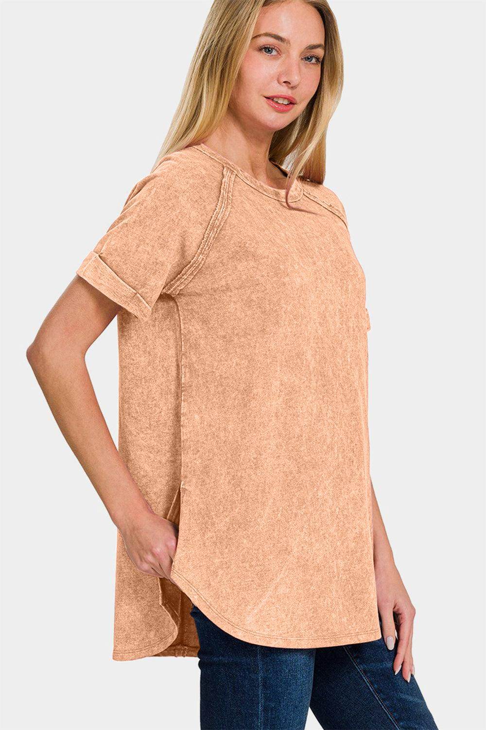 Zenana Heathered Round Neck Short Sleeve Top for Women - Selvanelle