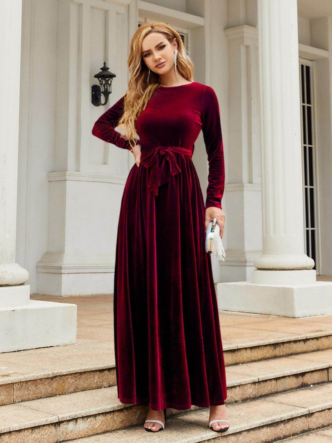 Tie Front Round Neck Long Sleeve Maxi Dress for Women - Selvanelle