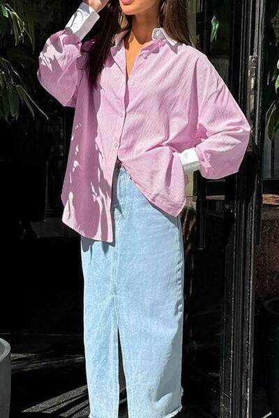 Striped Collared Neck Long Sleeve Shirt for Women Fashion - Selvanelle