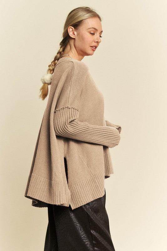 Davi & Dani Ribbed Side Slit V-Neck Sweater for Women - Selvanelle