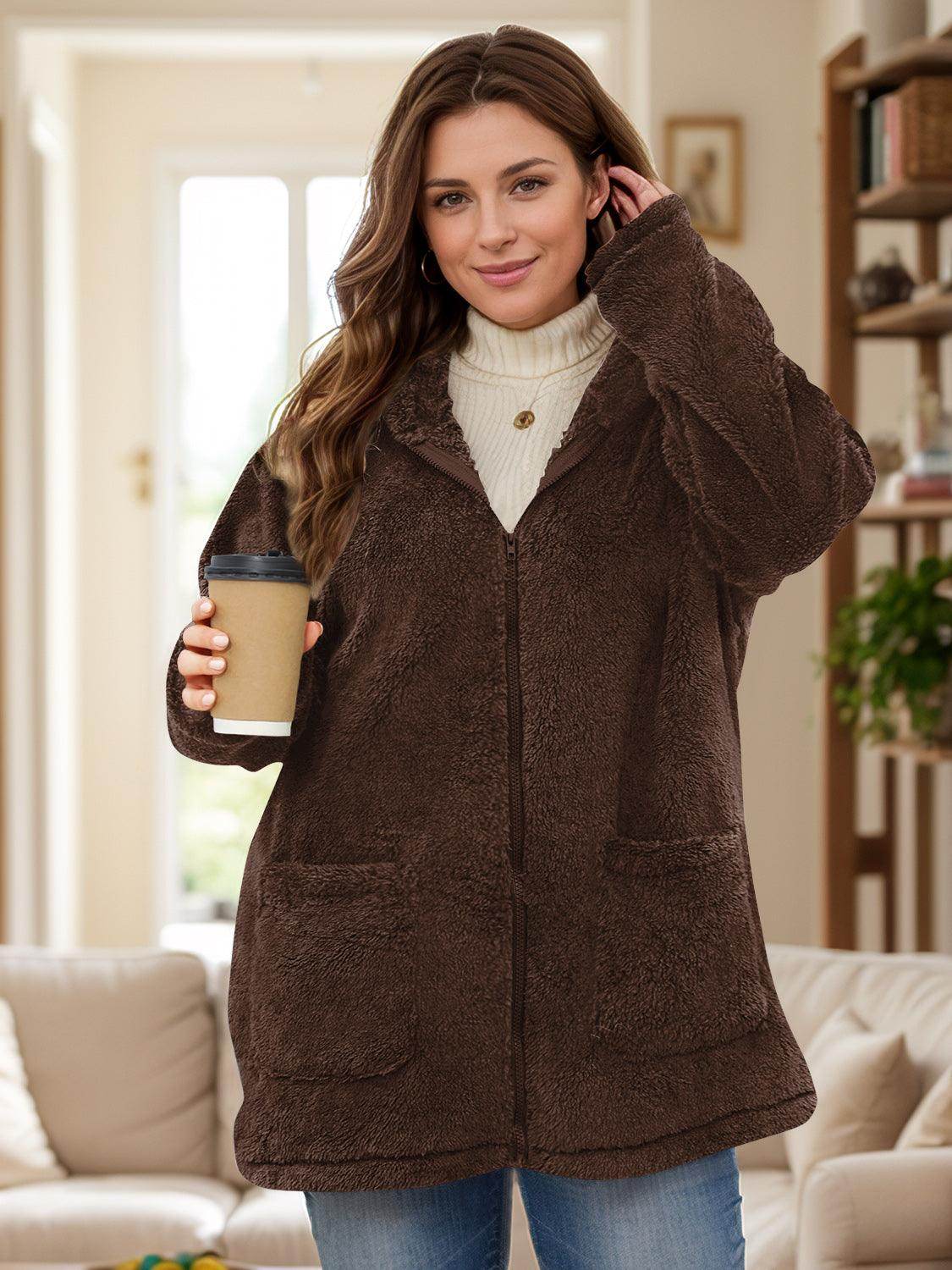 Plus Size Zip Up Long Sleeve Hooded Outerwear Jacket - Selvanelle