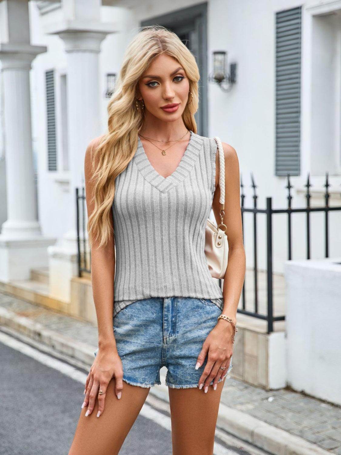 Ribbed Solid Color V-Neck Tank for Women Stylish Wear - Selvanelle