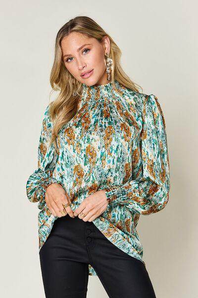 Double Take Full Size Printed Smocked Long Sleeve Blouse - Selvanelle