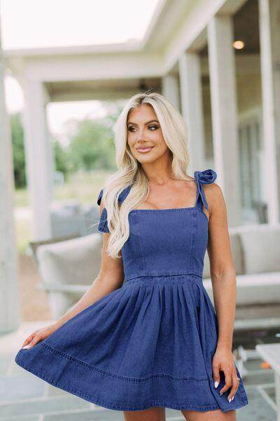 Square Neck Tie Shoulder Denim Dress for Women Fashion - Selvanelle