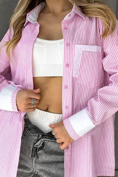 Striped Collared Neck Long Sleeve Shirt for Stylish Comfort - Selvanelle