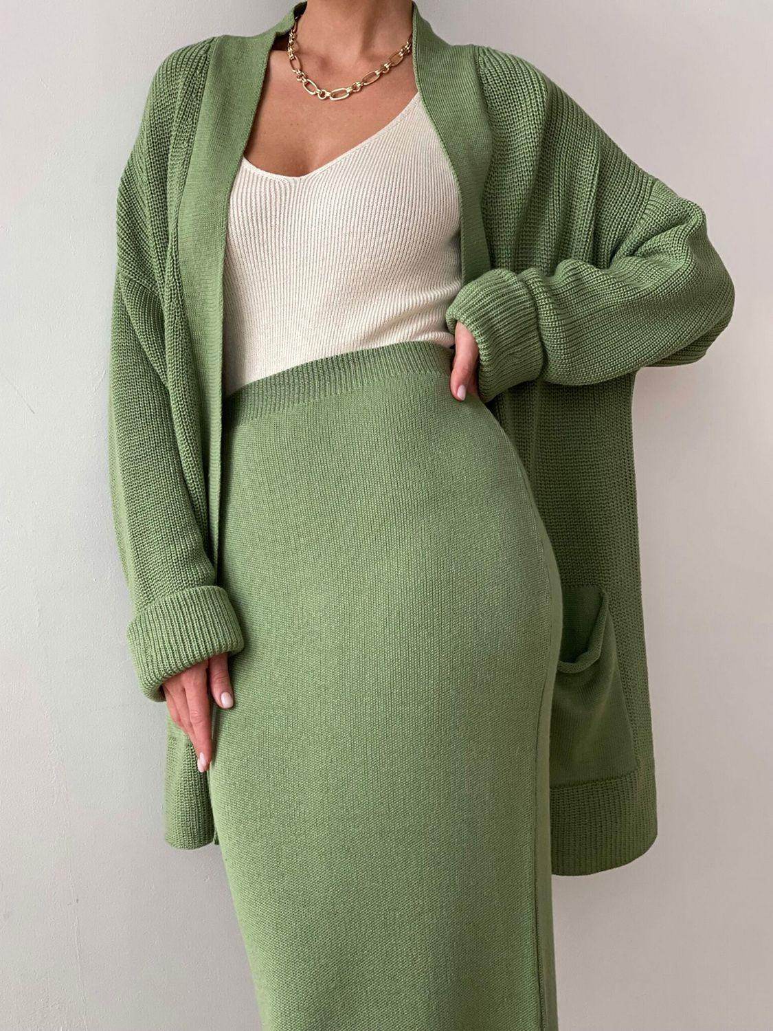 Pocketed Long Sleeve Cardigan and Skirt Sweater Set - Selvanelle
