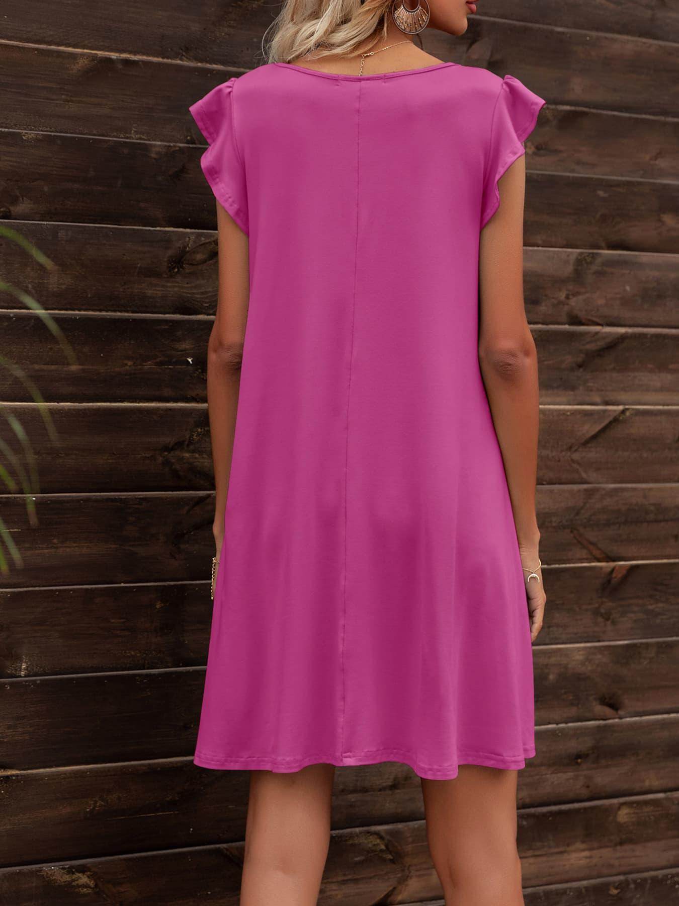 Round Neck Flutter Sleeve Dress with Pockets for Women - Selvanelle