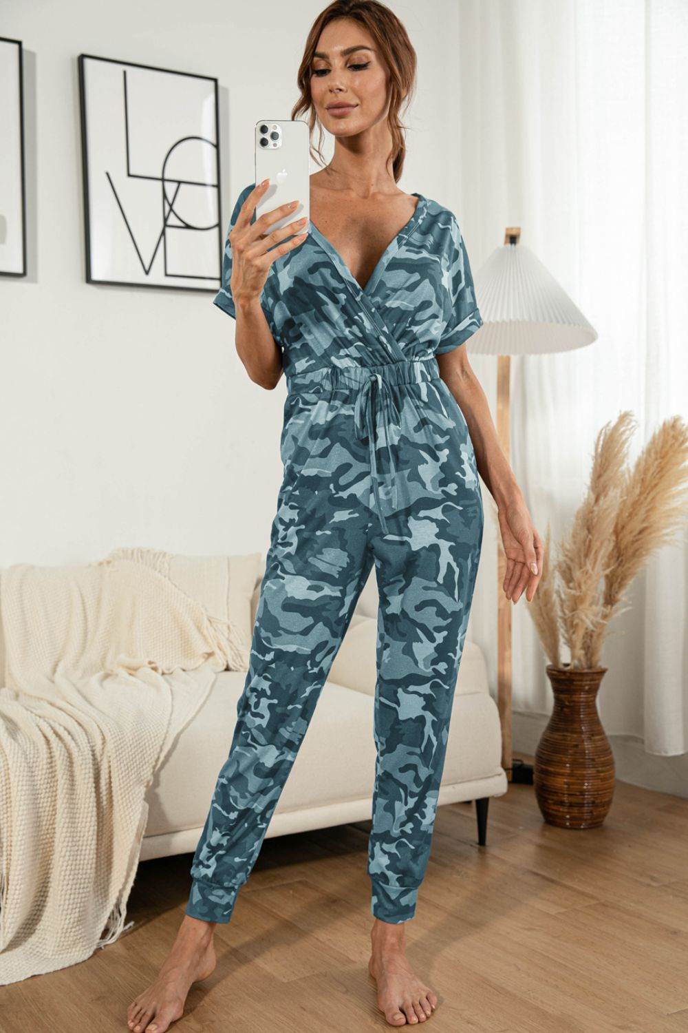 Surplice Neck Tied Short Sleeve Jumpsuit - Selvanelle