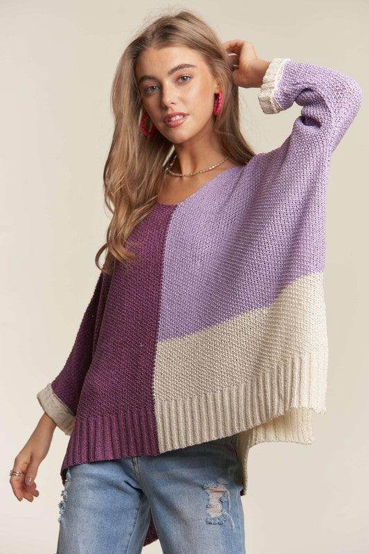 ADORA Side Slit Color Block Long Sleeve Sweater for Women - Selvanelle