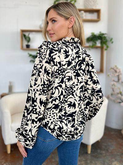 Double Take Full Size Printed Ruffle Trim Balloon Sleeve Shirt - Selvanelle