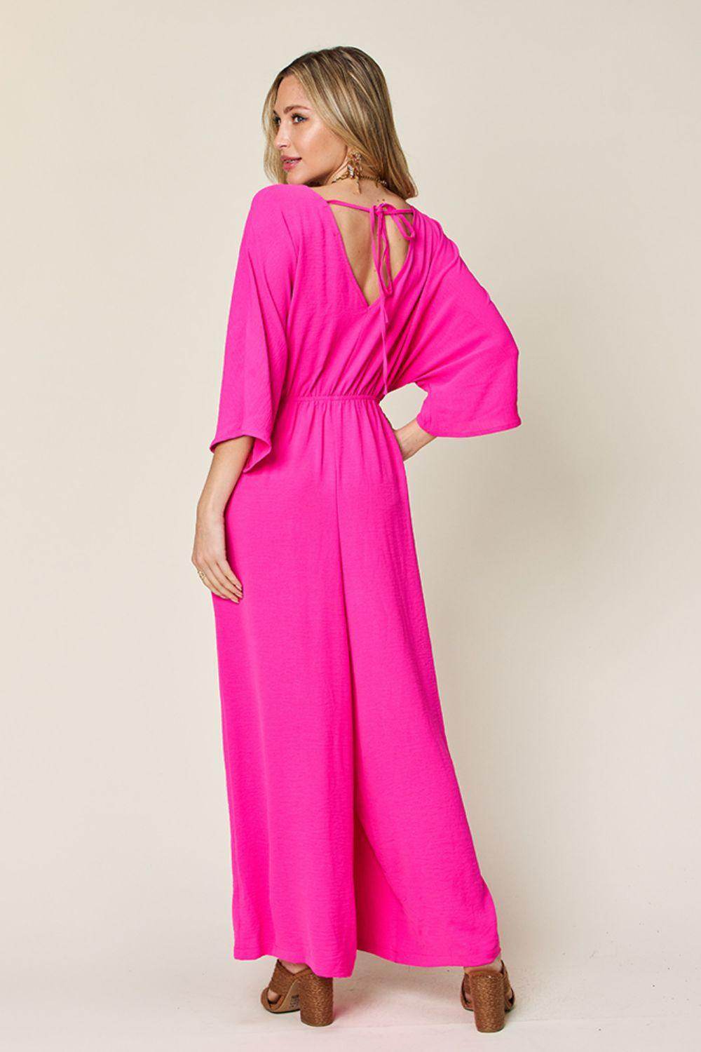 Double Take Full Size Surplice Wide Leg Jumpsuit with Pockets - Selvanelle
