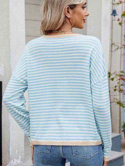 Striped Contrast Round Neck Long Sleeve Sweater for Women - Selvanelle